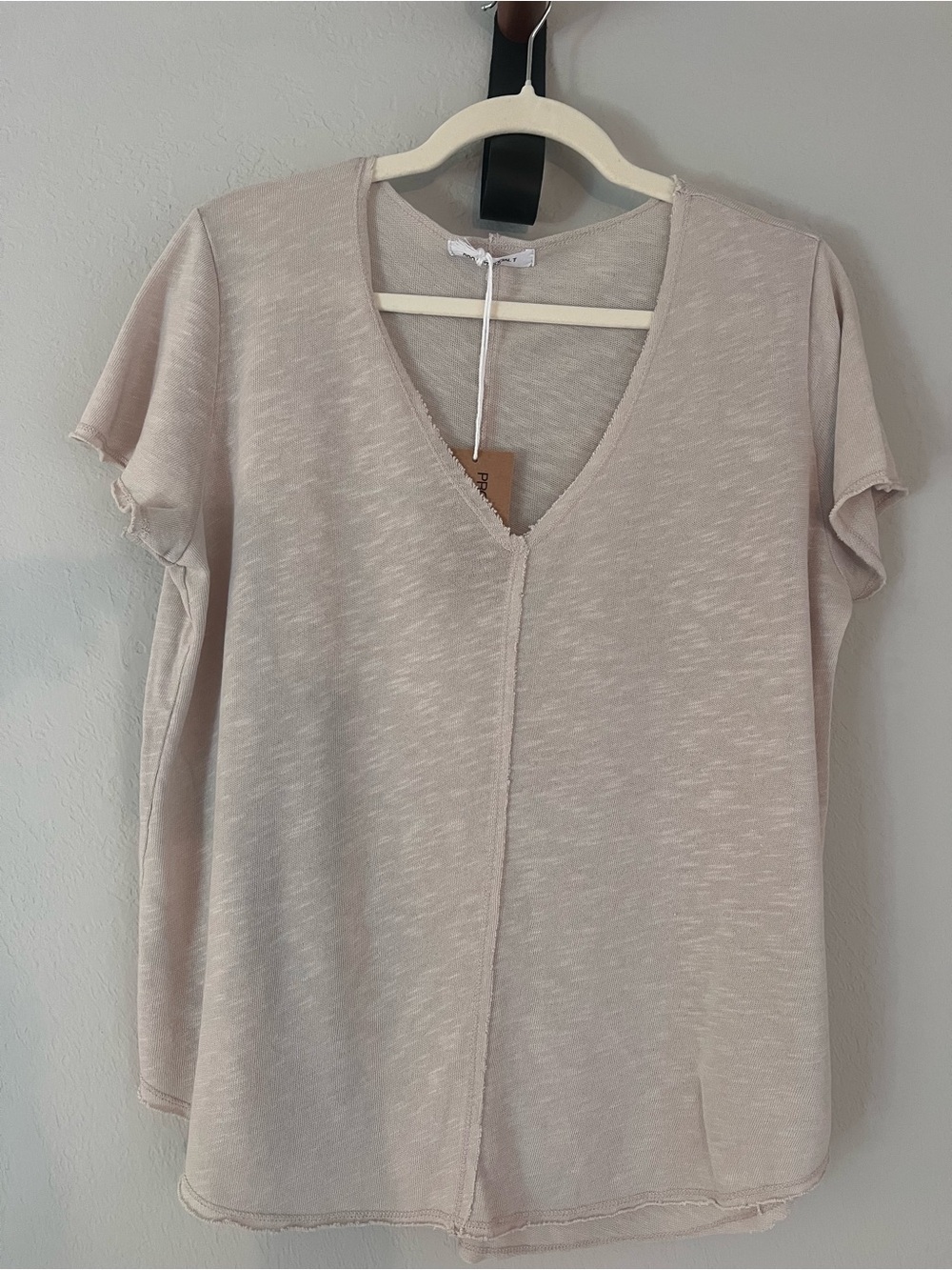 Project Social T- Relaxed V-Neck Short Sleeve Top - Light Beige- size medium